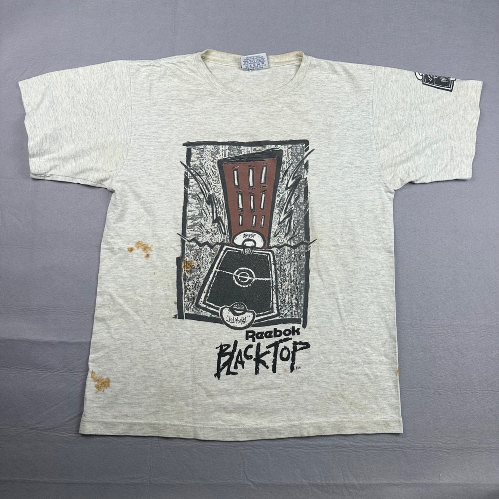 Vintage 90s Reebok Blacktop Graphic T-Shirt Grey Heather Made in USA Mens Medium